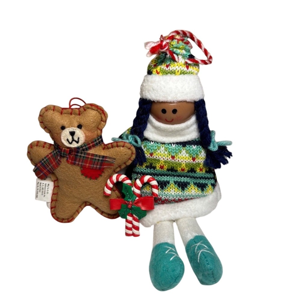 3pc Christmas Ornament Lot Felt Gingerbread Bear Knit Sweater Doll Holiday Decor
